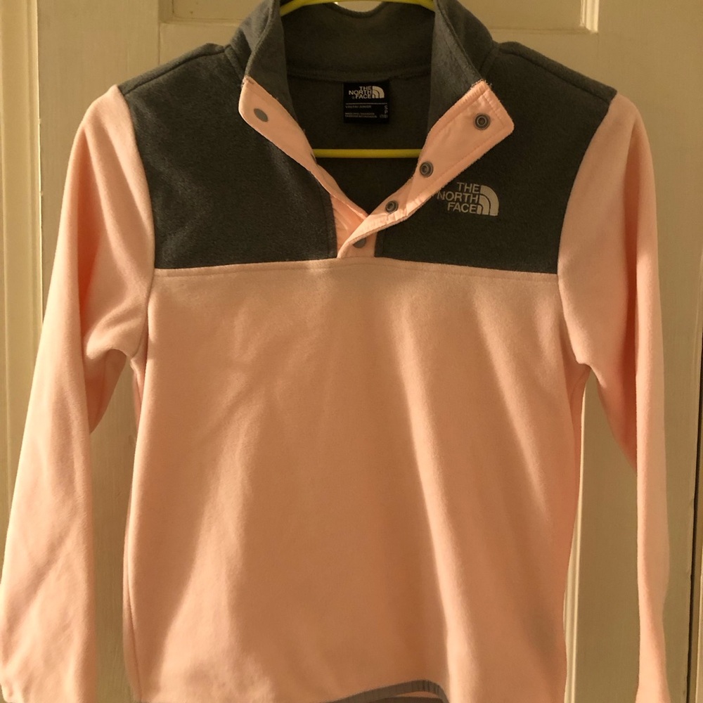 The North Face Girls Pink and Gray Snap-Button Fleece Pullover